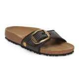 Sandalias Birkenstock modelo Madrid Big Buckle, color negro con hebilla grande dorada.