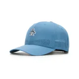 Gorra celeste con logo de pingüino bordado en blanco y negro.
