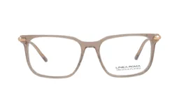 Armazón para lentes de receta Linea Roma 114 col 4, de forma rectangular con marco color marrón claro y detalles dorados.