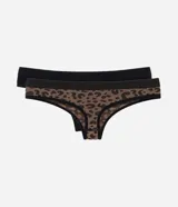 Kit de dos bombachas bikini hilo seamless, una lisa negra y otra con estampado animal print de leopardo en tonos marrones.