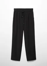 Pantalón recto negro de tejido fluido con cintura elástica y lazo ajustable.
