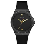 Reloj Guess GW0790G2 con caja redonda de acero inoxidable negro de 44mm, esfera negra con detalles dorados y correa de silicona negra. Resistente al agua hasta 30 metros.