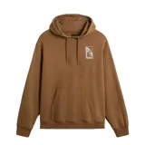 Canguro color mostaza con capucha, diseño gráfico en el pecho y bolsillo frontal.