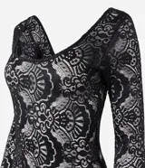 Body de encaje floral negro con escote redondo y mangas largas.