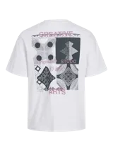Camiseta blanca de algodón con estampado en la espalda con motivos geométricos y texto en color lila.