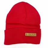 Gorro de lana rojo con etiqueta de cuero con el logo de la marca Duxon.
