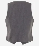 Chaleco sastre gris oscuro, ajustado al cuerpo, con escote en V, cierre frontal de cuatro botones y bolsillos embutidos.