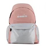 Mochila en tonos rosado y gris, con un diseño moderno y compartimento frontal.