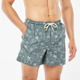 Short de baño celeste con estampado de palmeras blancas.