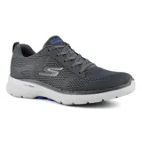 Championes Skechers GO WALK 6 Avalo, color gris oscuro, con capellada de malla y material sintético, cordones, plantilla Air-Cooled Goga Mat™, media suela con amortiguación ULTRA GO® y tecnología Hyper Pillar® para mayor sujeción.