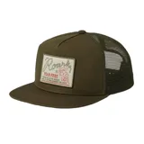 Gorro trucker color verde militar con paneles de malla en la parte trasera y parche bordado con logo de la marca Roark en el frente.