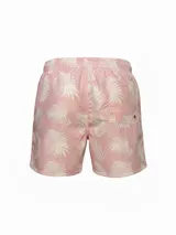 Short de baño azul con estampado de hojas y cordón ajustable en la cintura.