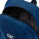 Mochila azul con estampado geométrico, logo de la marca en el frente, tirantes ajustables de malla elástica, bolsillo portaobjetos y ranuras para bolígrafos en el compartimento principal, compartimento trasero con bolsillo acolchado para portátil y cierre de cremallera.