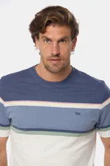 Remera manga corta con diseño a rayas horizontales en tonos beige, azul, verde y salmón.