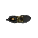 Bota Caterpillar de cuero nobuck impermeable color negro con cordones amarillos, forro interno de nylon, plantilla acolchada, entresuela de EVA y suela de goma.