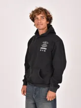 Hoodie negro con capucha y bolsillo canguro. Presenta un estampado frontal en blanco con un diseño gráfico que incluye un globo terráqueo estilizado, la palabra "DESCEND" y tres estrellas.