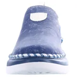 Zapatos slip-on de mujer con plataforma blanca y capellada azul con efecto desgastado o estampado moteado. Presentan elástico lateral para ajuste y costuras decorativas en contraste (blanco y azul) alrededor de la suela.