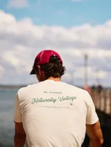 Camiseta de manga corta color rosa con cuello redondo y logo bordado en el pecho.
