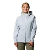 Campera impermeable Columbia Arcadia II para mujer, color gris claro. Con capucha ajustable, cierre frontal con broches a presión y bolsillos laterales con cierre. Se puede guardar en uno de sus bolsillos.