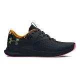 Championes de running Under Armour Charged Aurora, color negro con detalles estampados en azul y naranja, suela blanca y cordones moteados.