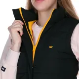 Chaleco negro acolchado para mujer, con logo de Cat en el pecho, bolsillos inferiores con cierre, diseño reflectante en la espalda, cordones ajustables en el dobladillo y bolsillos interiores de malla.
