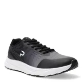 Championes de running negros con detalles en gris y blanco, con suela blanca y cordones negros.