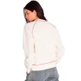 Buzo color crema de corte clásico, con cuello redondo y mangas largas raglán. Presenta un estampado central con flores y texto en tonos rosa y verde. Tiene costuras en contraste color rosa en cuello, puños y ruedo.