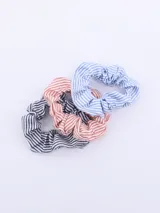 Pack de tres coleros de tela con elástico, con estampado a rayas en colores azul, naranja y negro.