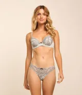 Bombacha bikini gris claro con encaje floral negro y moño negro en el centro.