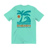 Remera color celeste con estampa en la espalda de una palmera, una ola y el logo de la marca Emexem.
