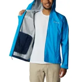 Campera impermeable Columbia Evapouration Jacket, color celeste, con capucha ajustable, cierre frontal completo, bolsillos laterales con cierre y ventilación en las axilas.