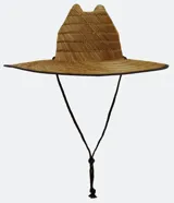 Sombrero de paja color beige con ala ancha y cordón ajustable negro.