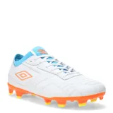 Championes de fútbol Umbro Speed HG, color blanco con detalles en celeste y naranja.