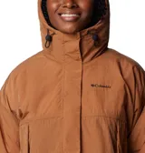 Campera marrón de mujer marca Columbia, modelo Laurelwoods III. Cuenta con capucha, cuello con forro polar, bolsillos laterales con cierre y puños con orificios para los pulgares.