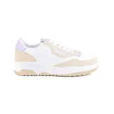 Zapatillas deportivas urbanas American Sport modelo Sofia, color blanco con detalles en beige y lila.