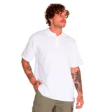 Remera tipo polo blanca de manga corta, con logo CAT bordado en amarillo en la manga izquierda.