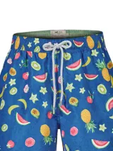 Short de baño celeste con estampado de caballitos de mar rosados. Tiene cintura elástica con cordón ajustable, bolsillos laterales y traseros.