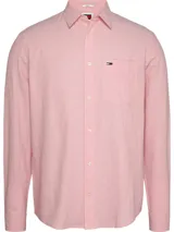 Camisa Tommy Jeans de manga larga, color rosa claro, de corte regular, con cuello abotonado, cierre con botones, bolsillo de parche en el pecho y logo bordado en el bolsillo.