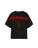 Remera negra de corte holgado con estampado en la espalda con la leyenda "ittai stars european tour by ittai stars company the star band" en color rojo.