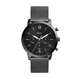 Reloj Fossil Neutra con caja de acero color negro, esfera negra con detalles en blanco y malla metálica a juego.