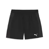 Short deportivo Puma Run Fav.Velocity color negro con logo estampado en gris y detalle de línea amarilla en el lateral.