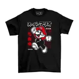 Remera negra de algodón con estampado de Super Mario en estilo retro japonés.