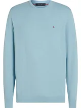 Sweater celeste de Tommy Hilfiger de algodón y cachemira, con cuello redondo y logo bordado en el pecho.