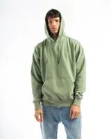 Buzo canguro verde con capucha y bolsillo frontal, de corte oversized.