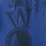 Short de básquet azul con cintura elástica y cordón ajustable. Diseño con logo del equipo Golden State Warriors y detalles en amarillo.
