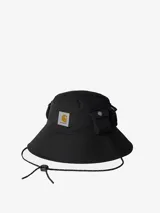 Sombrero tipo bucket negro de poliéster con dos bolsillos laterales con cierre a presión y cordón ajustable.