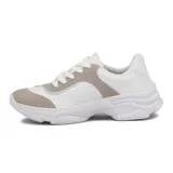 Championes deportivos casuales para mujer, color blanco con apliques en gamuza gris claro. Diseño de plataforma gruesa y suela con relieve.