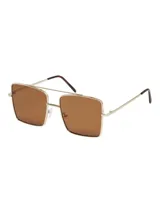 Lentes de sol con marco cuadrado dorado y lentes marrones.