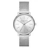 Reloj Michael Kors modelo Pyper con caja plateada de 38 mm, esfera plateada minimalista con indicadores de hora con cristales y correa de malla metálica plateada. Resistente al agua hasta 50 metros.