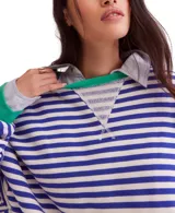 Remera de manga larga con cuello redondo y estampado a rayas horizontales amarillas y blancas, con puños y cuello en color celeste.